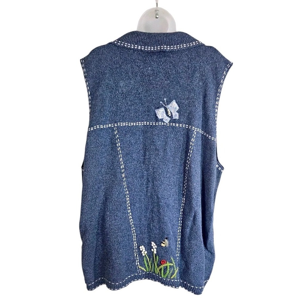 VTG QUACKER FACTORY Embroidered Butterflies & Honey Bees Blue Sweater Vest Sz 3X - Picture 2 of 11